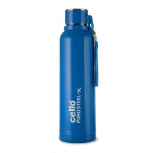CELLO Puro Steel-X Benz 900 PU Insulated Water Bottle 650 ml, Blue | BPA Free, Leakproof, ISI Certified |Hot & Cold Bottle for Gym, Office, College, Travel, Camping, Indoor & Outdoor Sports & Yoga
